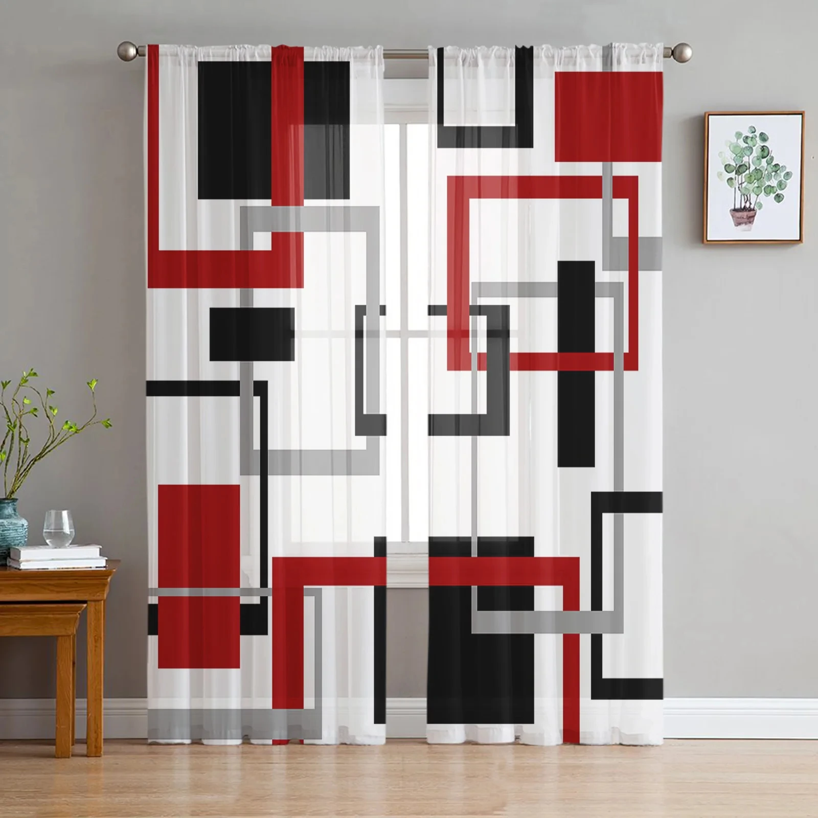 Cheap Red Black Abstract Geometric Shape Digital Printed Curtains Bedroom Kitchen Window Blinds Grommet Top Rod Pocket Hooks