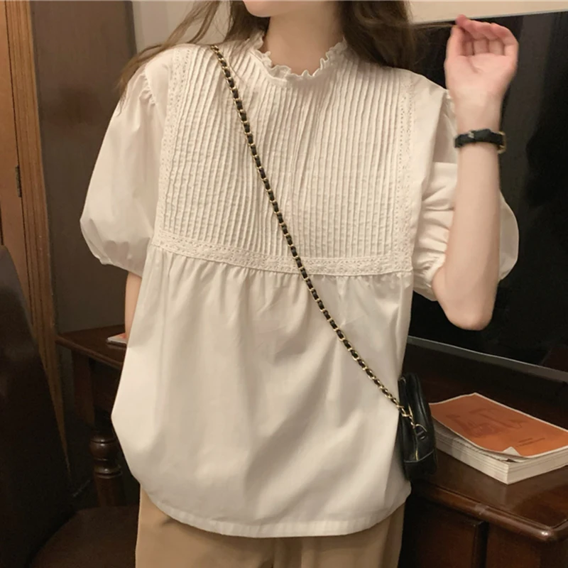 

Short Sleeve Loose White Shirt Tops Women Korean Cotton Puff Sleeve Blouse Solid Stand Collar Casual Loose Women Clothes 27528
