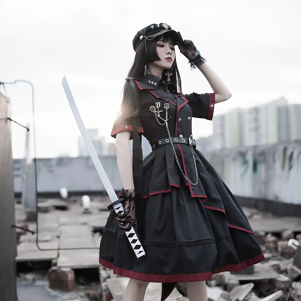 Melonshow Military Uniform Dress Black Japanese Gothic Lolita Skirt Victorian Dresses Women Kawaii Princess Dress