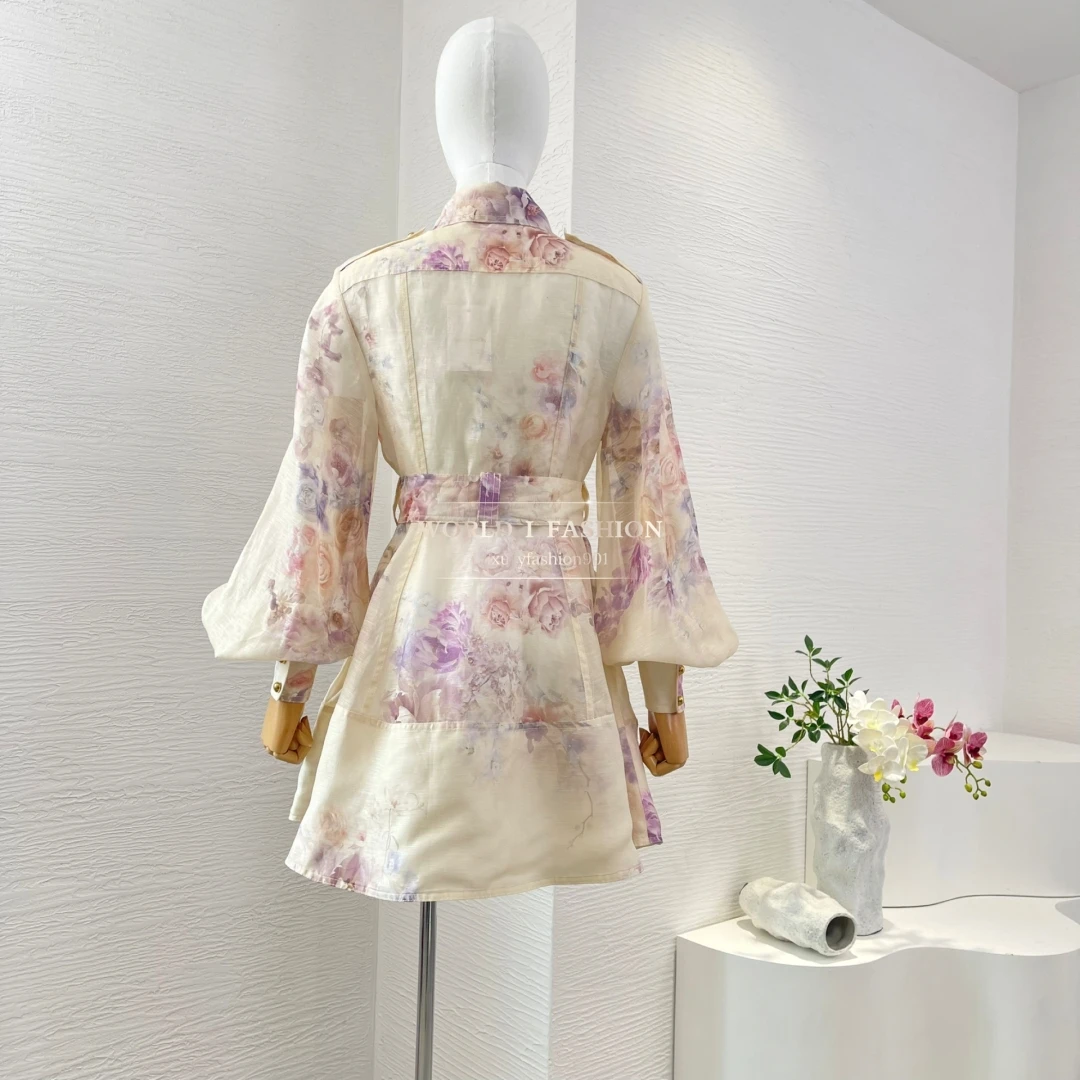 ชุดเดรสสั้นแขนยาวลายดอกไม้สีเบจม่วงม่วงปี 2025