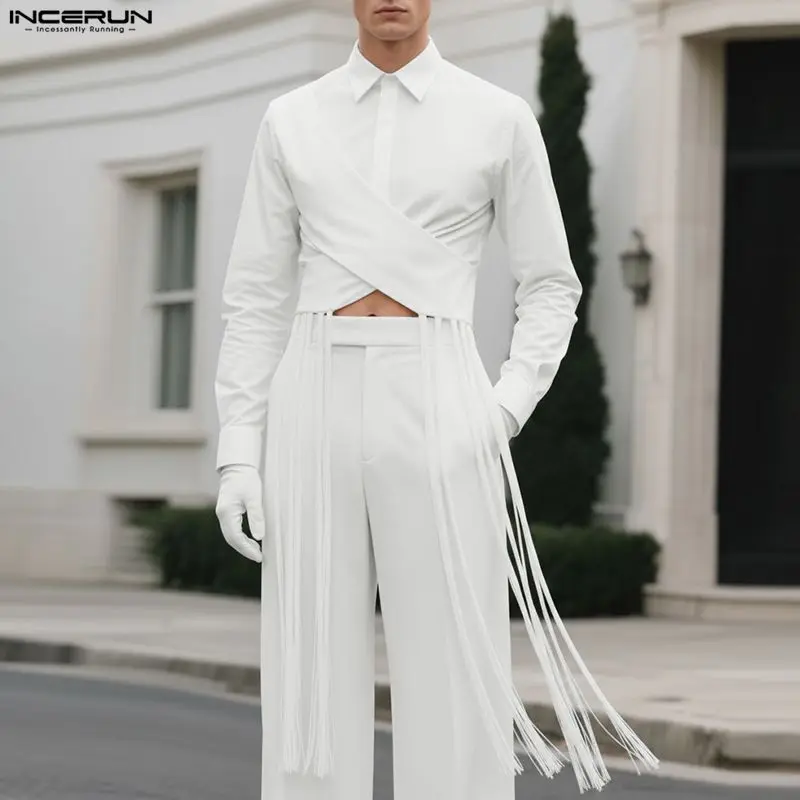 

INCERUN Мужская рубашка нестандартной формы, однотонные укороченные топы с кисточками и лацканами с длинными рукавами, мужская уличная одежда на шнуровке, модная повседневная мужская одежда