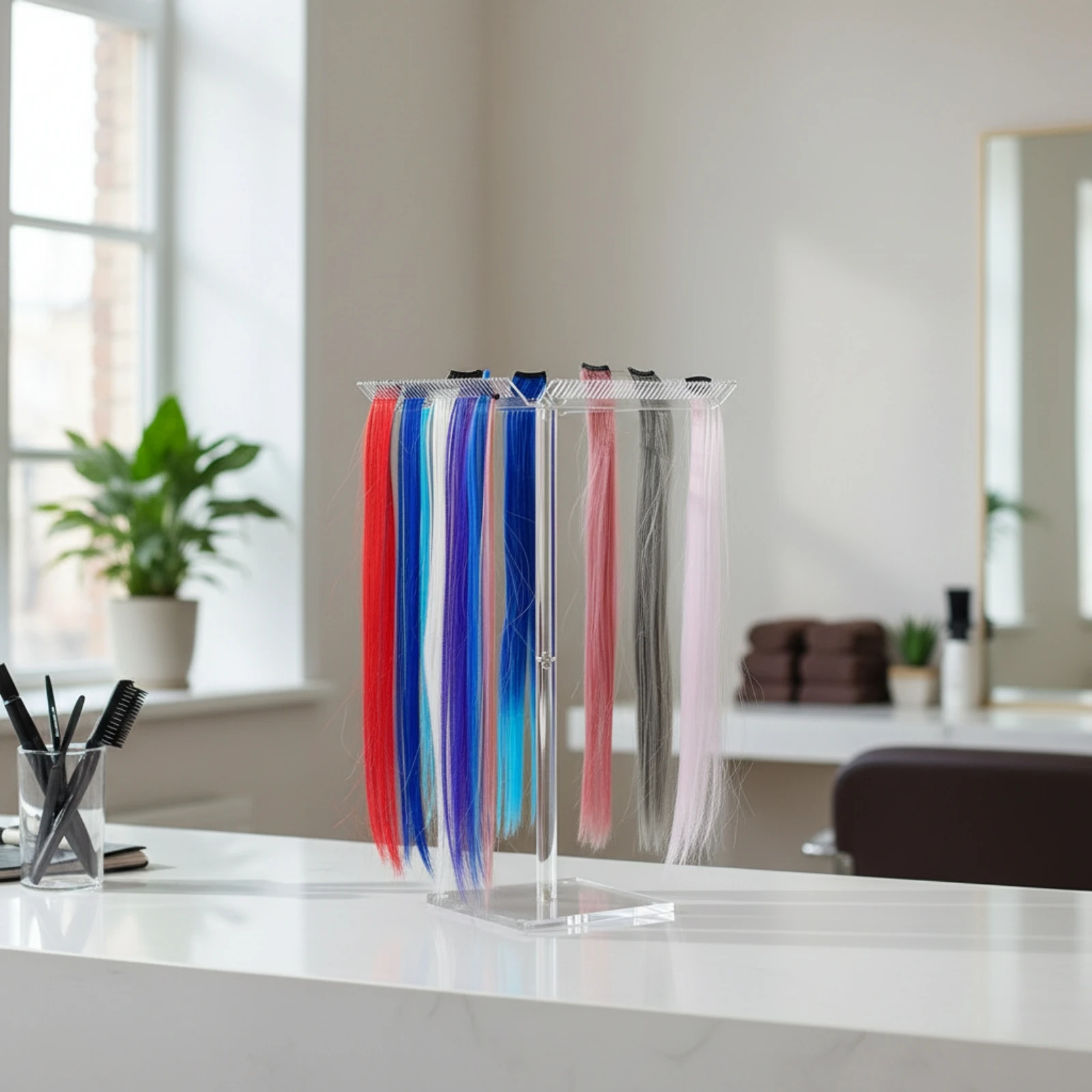 Display Rack Transparent Tabletop Hairpiece Rack with Hanging Slots Clear Acrylic Hairpiece Holder with Square Base Space-Saving