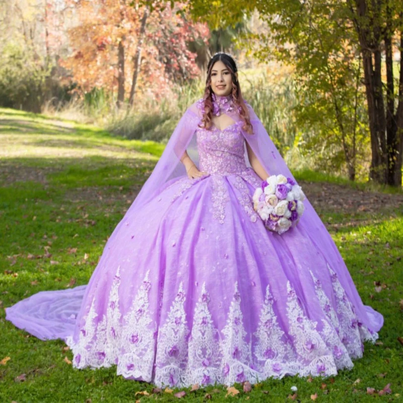 

Сиреневое бальное платье, платья для Quinceanera с V-образным вырезом, 3D Цветочная аппликация с накидкой Золушки 16, платья принцессы, платья 15 лет