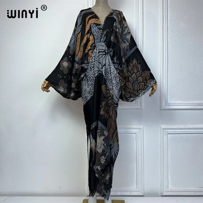 WINYI Beach Sexy V-neck Dress High Quality Boho Print Elegant Africa dress Women Evening party kaftan Retro bronzing maxi dress