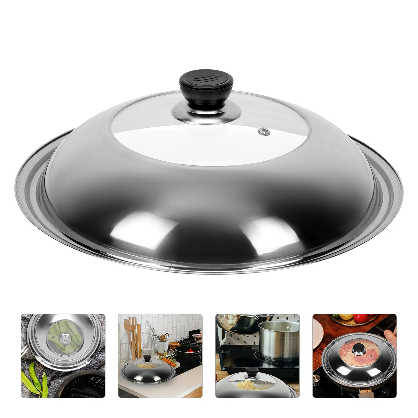 1Pcs Premium Stainless Steel Pot Cover with Visual Tempered Glass Center for Steam Control Safe Anti-Scald Cooking Lid for Wok