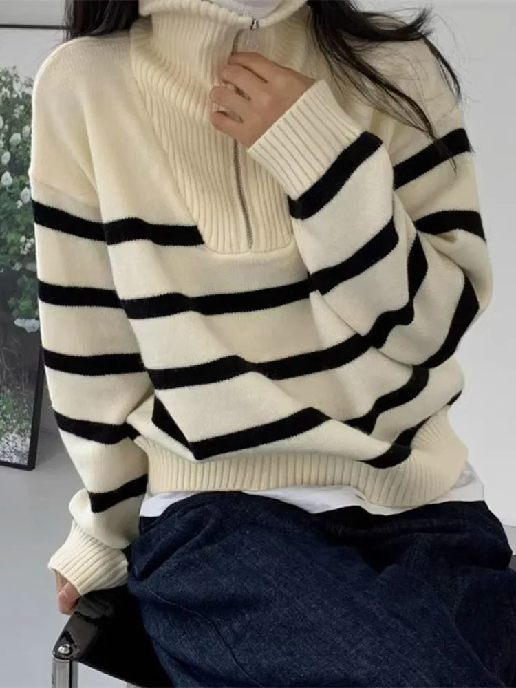 LANMREM Casual Striped Sweater For Women Lapel Long Sleeves Zipper Design Loose Knited Pullover 2024 Autumn New Clothing 2Z2293