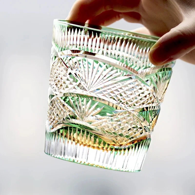 Hand Carved Japanese Style Whiskey Glass, Color Overlay Crystal Old Fashioned Tumbler 320ml