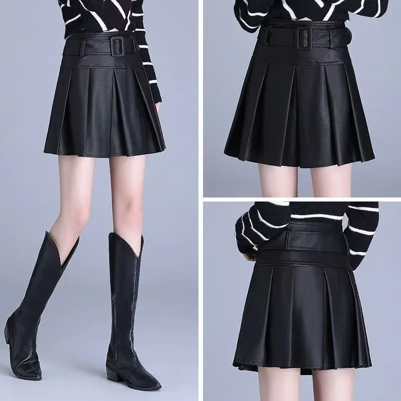 Leather Short  Skirt Women's New High-waisted A-word Skirt Small Pu Covering Belly and Looking Thin Pleated Skirt Exquisite 2026