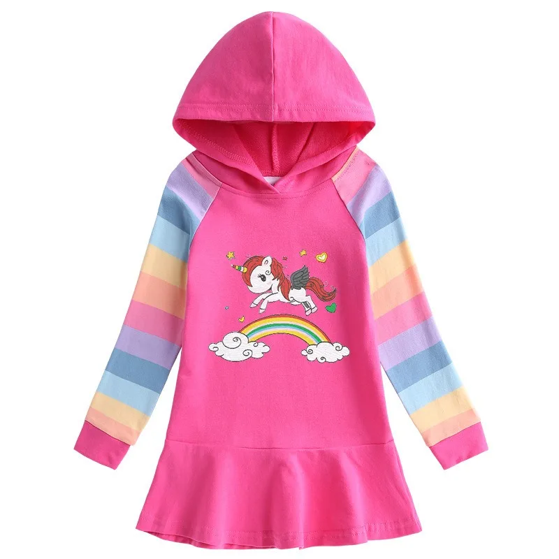 Unicorn Princess Dress 2024 Autumn Cotton Toddler Kids Dresses Girls for Children Birthday Party Clothes Costume Hooded Rainbow