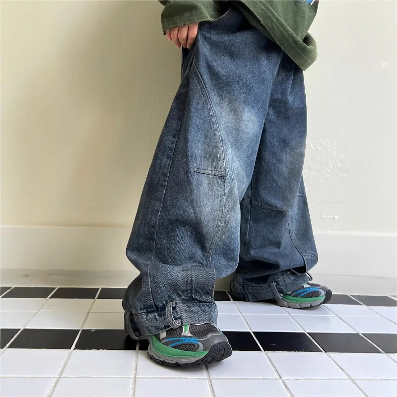 

Длинные брюки для мальчиков, осень 2024, грязный корейский стиль, детская одежда, специальные уникальные широкие синие модные детские джинсы