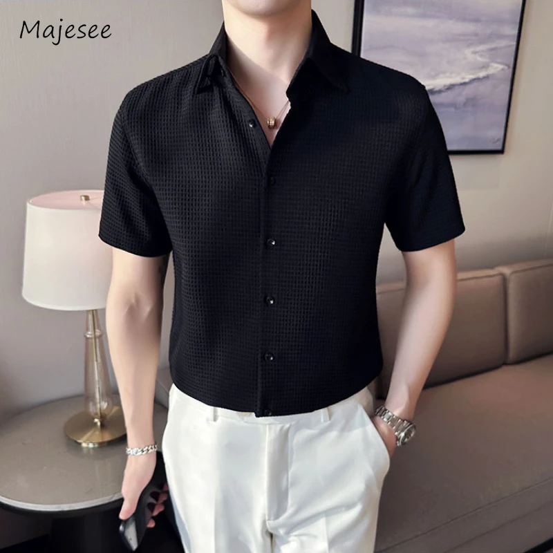 Casual Business Waffle T-shirts Men All-match Summer Solid Color Harajuku Male Fashion Korean Style Single Breasted Short Sleeve