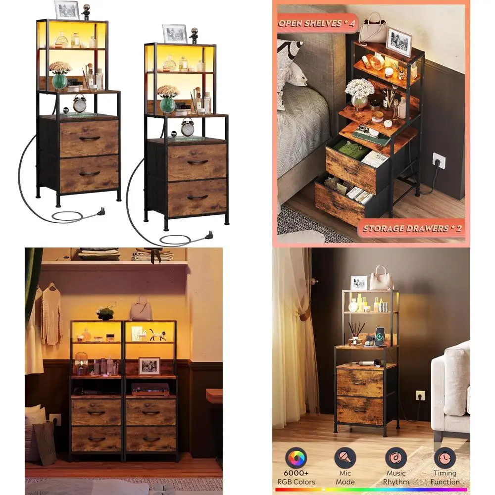 

пара светодиодных тумбочек с зарядкой и хранилищем, 2 ящиками и 4 открытыми полками, тканевый комод