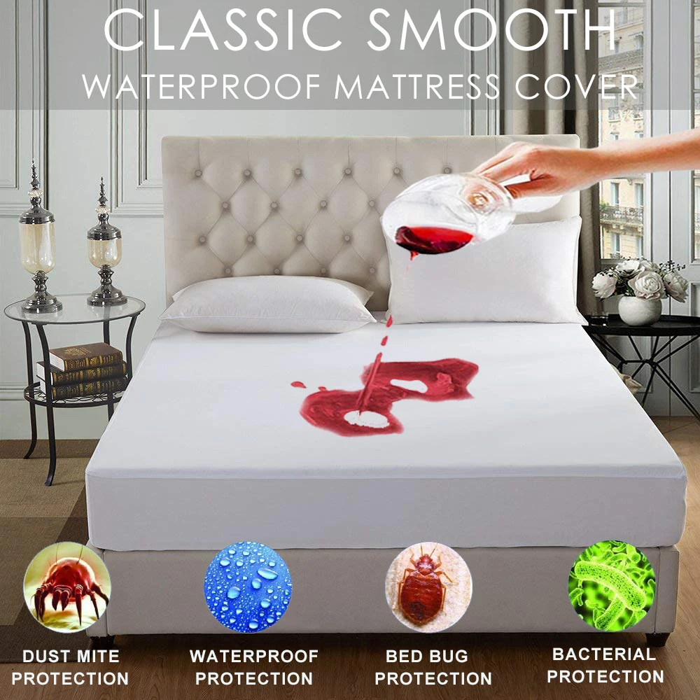 Smooth 100% Waterproof Mattress Protector Cool Touch Waterproof Dust Mites Bed Cover for Mattress Machine Washable Bed Sheet