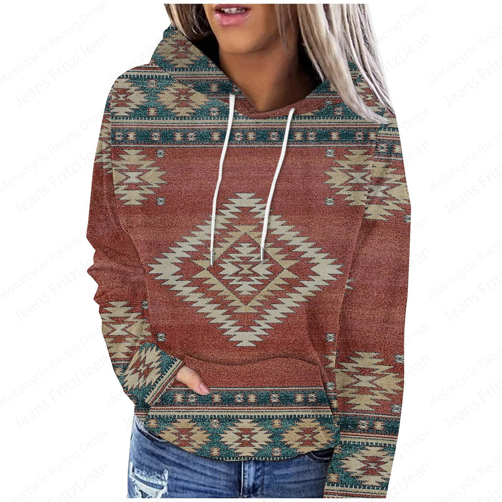 Vintage Geometric 3d Print Hoodie Women Fashion Oversized Graphic Hoodies Women Sweats Ethnic Coat Loose Sweatshirt Pullover