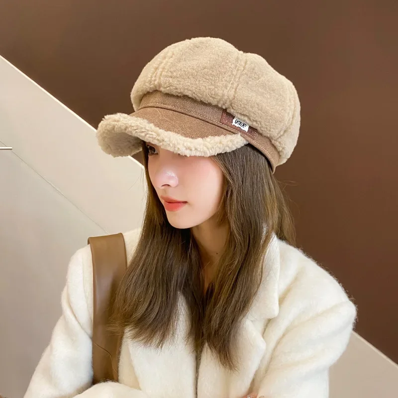 Woman Korean Version Autumn and Winter New Lamb Hair Octagon Hat Thickened with Velvet Warm Cap Retro Painter Beret Hat