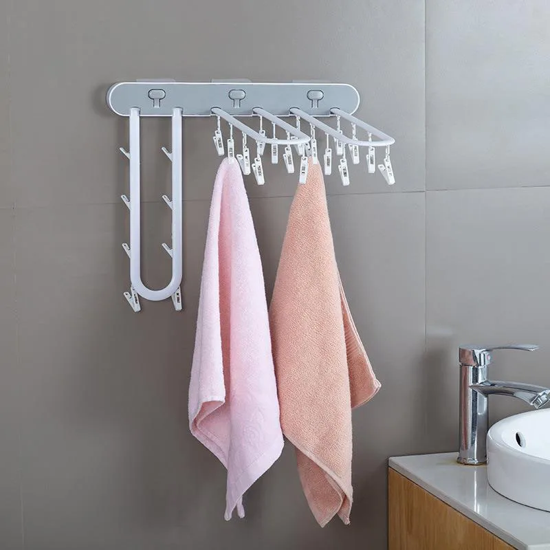 Multifunctional Folding Rotary Drying Rack One Button Press And Nail-free Paste Multi-clip Socks Underwear Laundry Cloth Storage