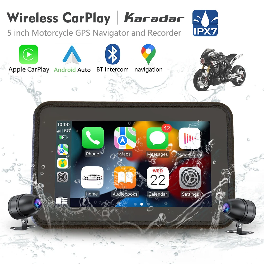 Dual 1080p HD Cameras Motor DVR 5 Inch Motorcycle Wireless Carplay And Android Auto Waterproof   Screen