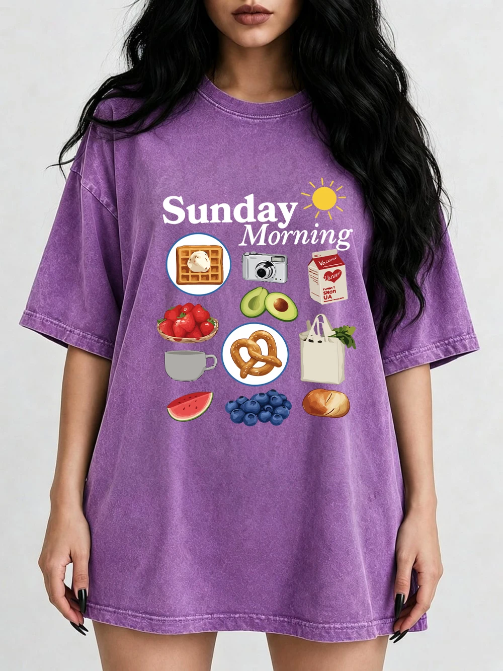 Sunday Morning Breakfast Food Prints Washed T-Shirts Womens Cotton Short Sleeve Tops Street O-Neck Oversized Tees Summer Clothes