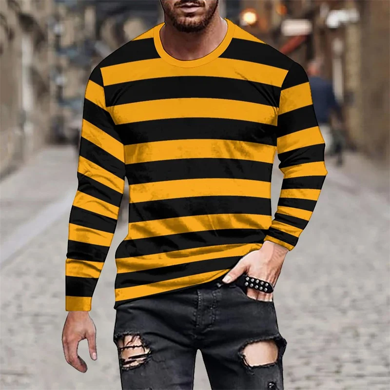 3D Printed Striped Splicing T Shirt For Men Colorful Pattern Tees Autumn Casual Round Neck Tops Loose Long Sleeve T-Shirts