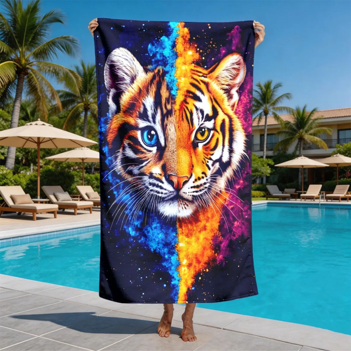 Ice and Fire Tiger Theme polyester microfiber beach towel is highly absorbent, suitable for swimming and beach outings