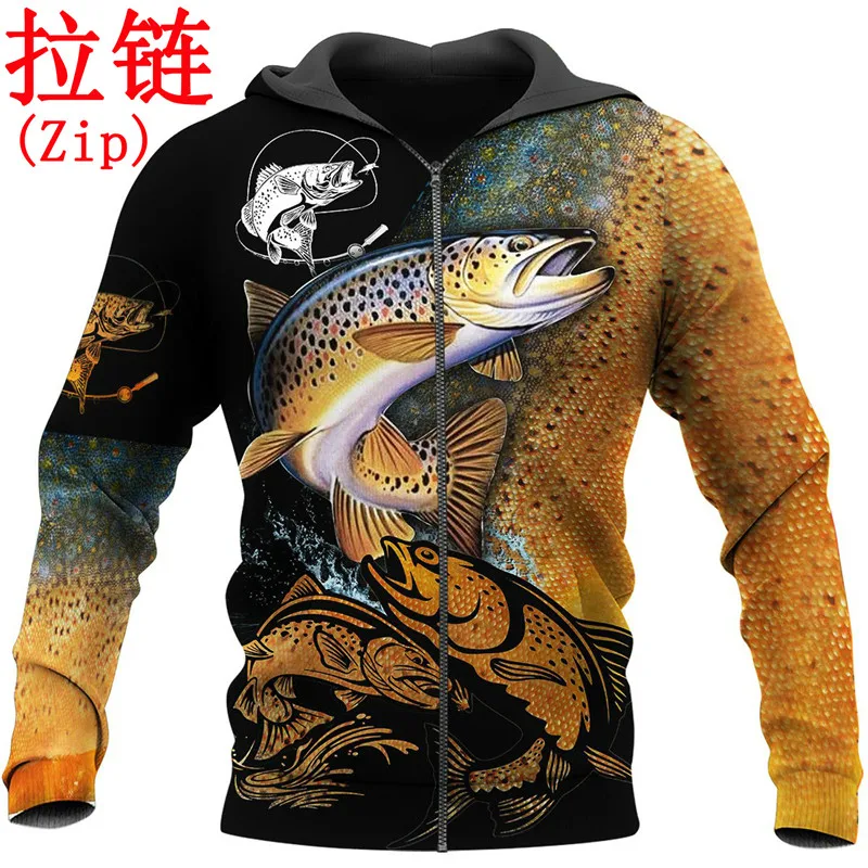 Spring Autumn 2022 Unisex Harajuku Fashion Style Sweater Oversized Brown Trout 3d Print Zip Casual Streetwear Hoodie