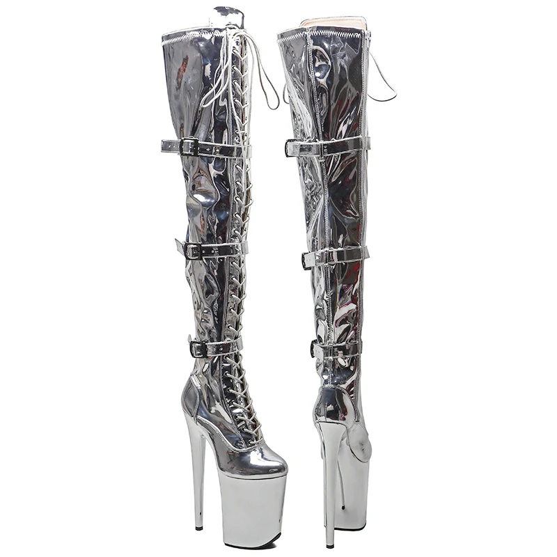 Leecabe  23CM/9inches Shiny PU  upper Sexy boots    Silver  electroplate High Heels Platform Pole Dance shoes