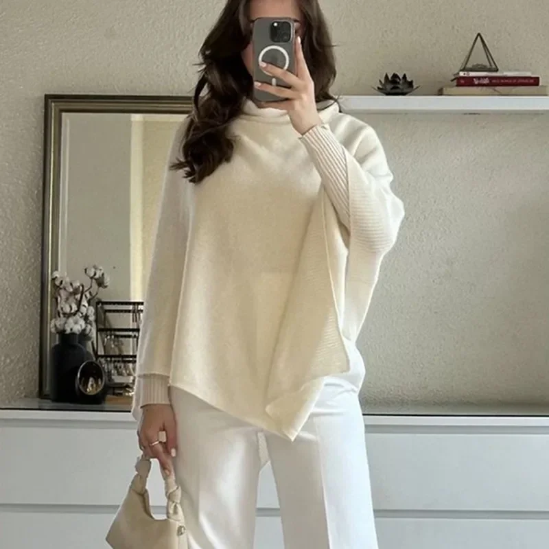 Turtleneck Irregular Shawl Cape Pullover for Women Autumn Winter Knitted Wrap Sweater Top