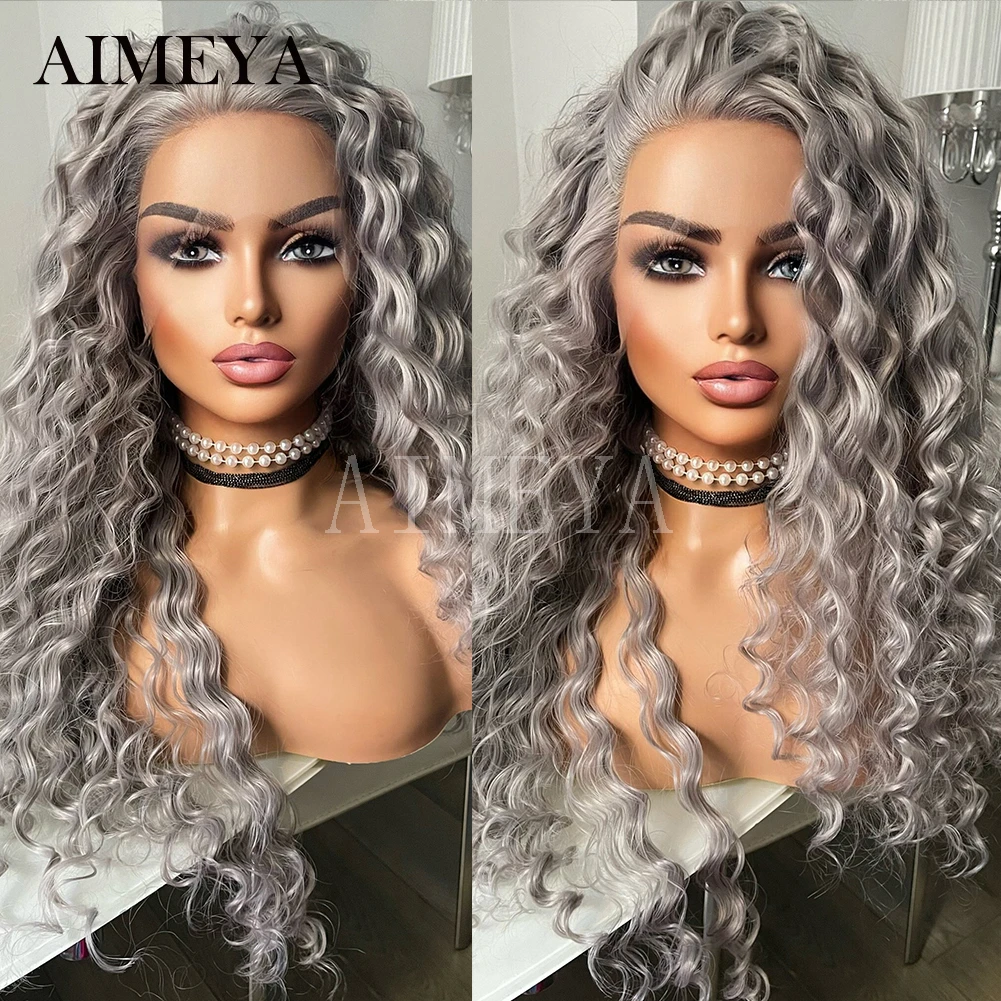 AIMEYA Loose Curly Wigs for Black Women Curly Synthetic Hair Lace Wig Free Part Cosplay Grey Wig Heat Resistant Lace Front Wigs