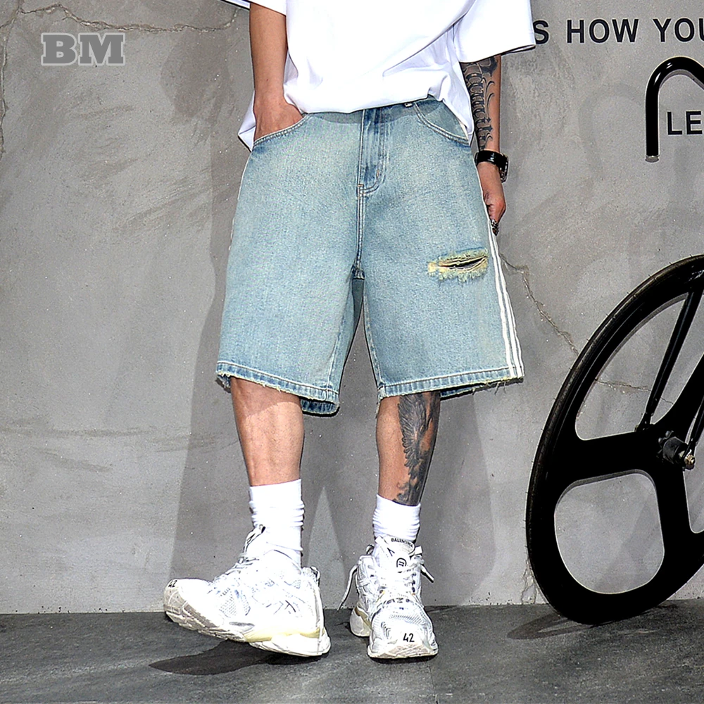 

Summer Streetwear Ripped Denim Shorts Men Hip Hop Loose Fit 5 Inch Inseam Straight Leg Jeans Male Korean Premium Quality Trendy
