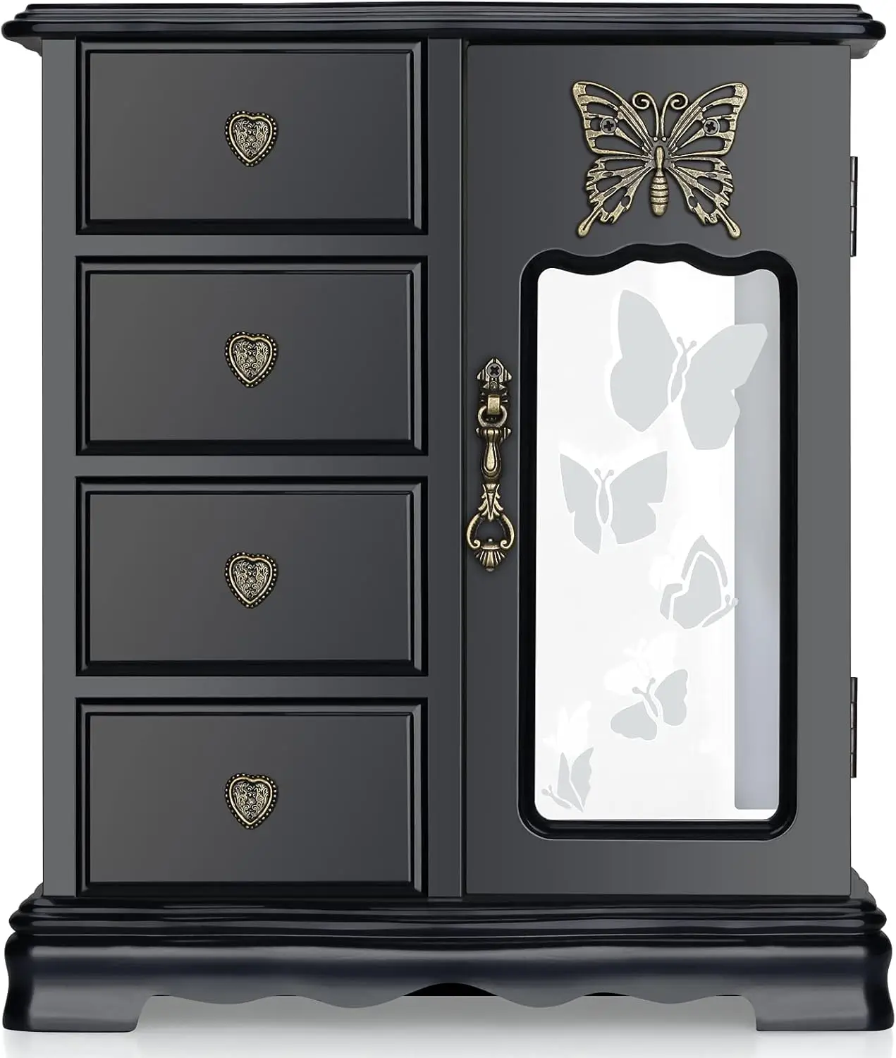 

Шкатулка для украшений из массива дерева с 4 ящиками, вращающейся подставкой для колье и зеркалом для хранения женских колец и организации косметики