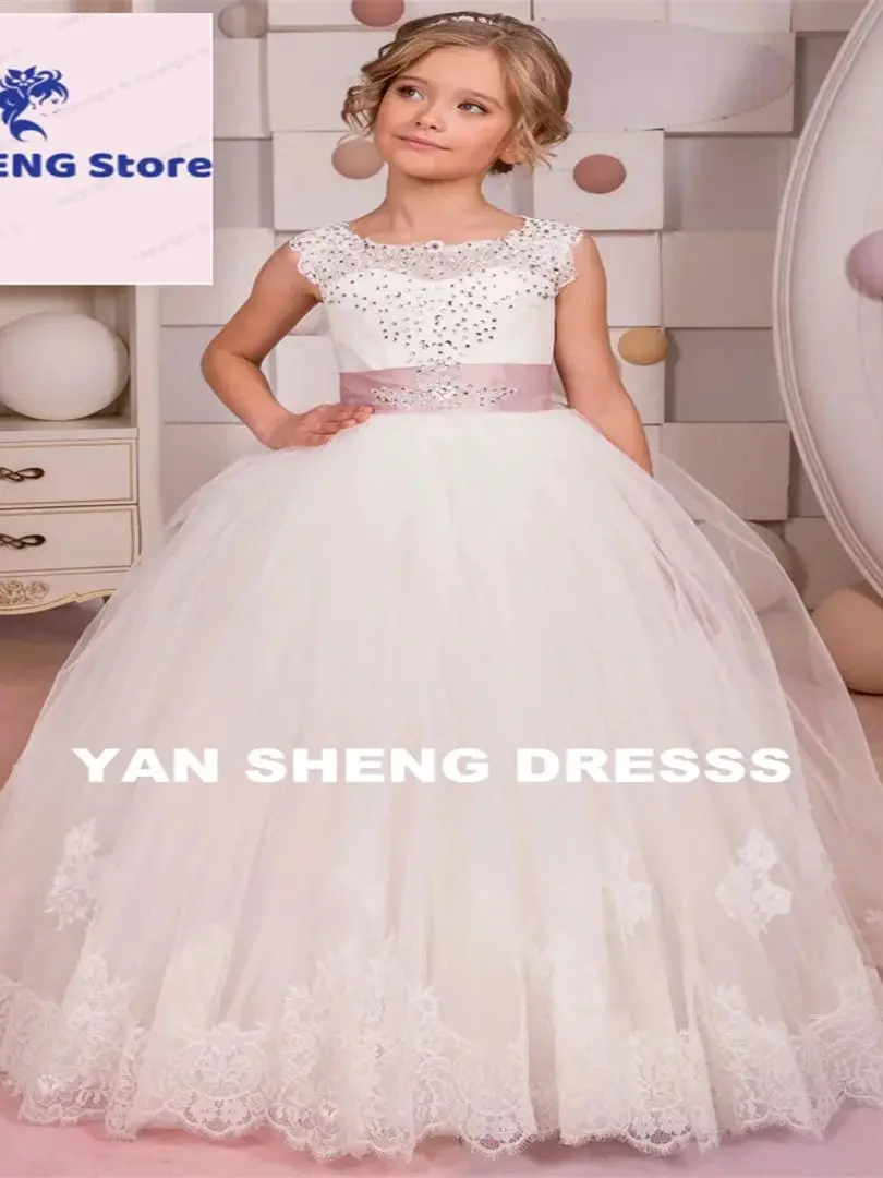 مخصصة مع فستان فتاة الزهرة الماسية من الدانتيل الأبيض من التول بدون أكمام مزين بفيونكة وردية لحفلات الزفاف وأعياد الميلاد