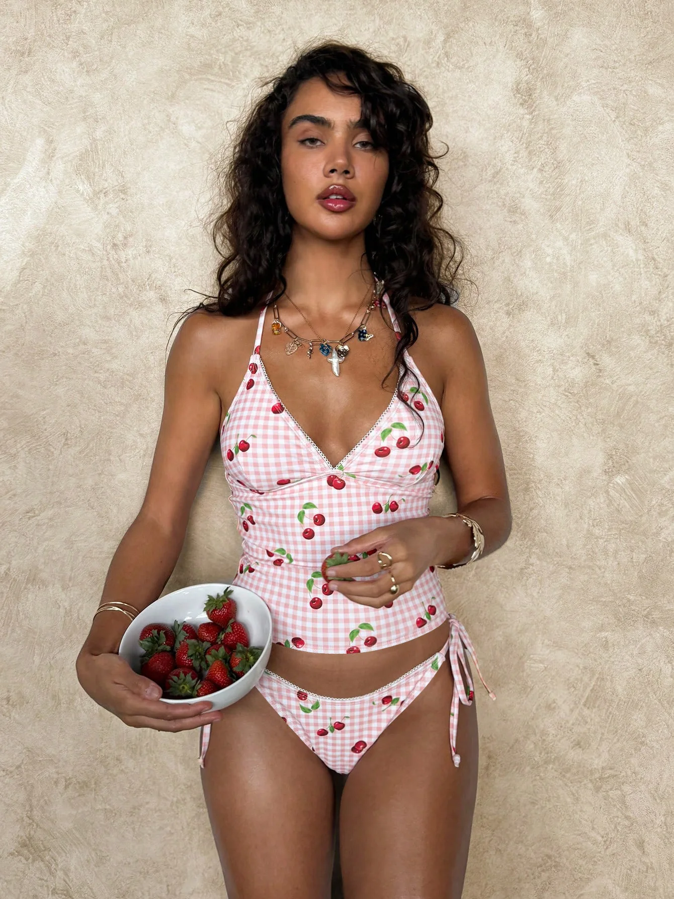Pink Fruit Print Polyester Stretch Breathable Two Piece Sweet Beach Swimwear