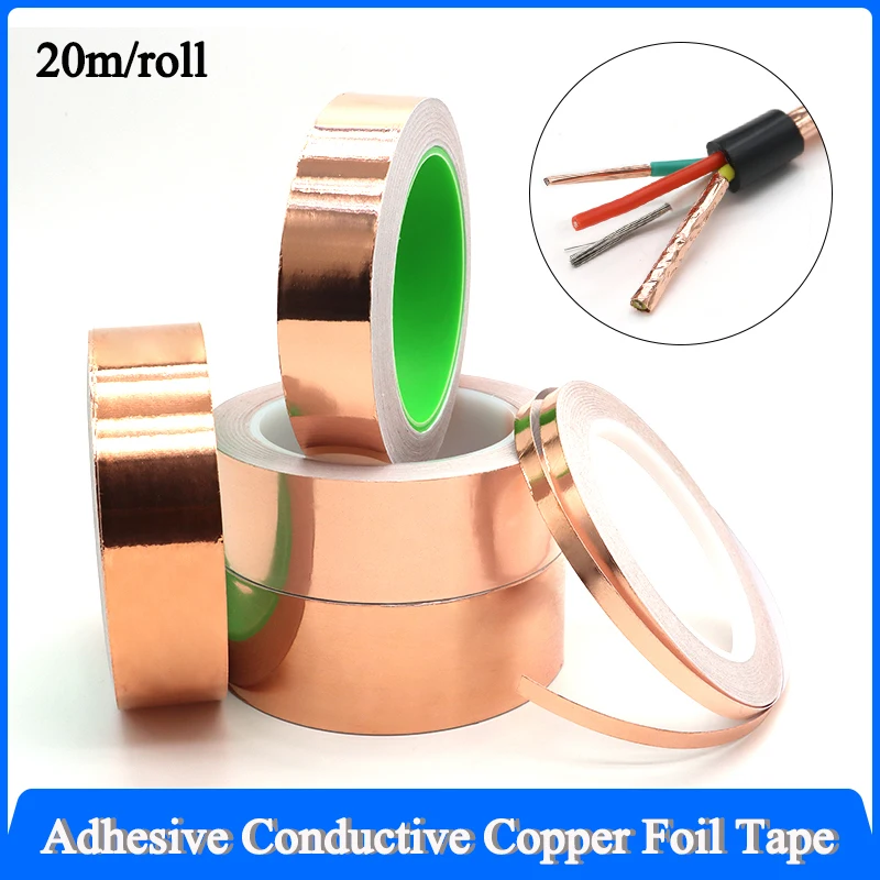 20m/roll Single/Double Sided Copper Foil Tape Adhesive Conductive 5/6/8/10/15/20/25/30/35/40/45/50/60mm Electrical Repair Tapes