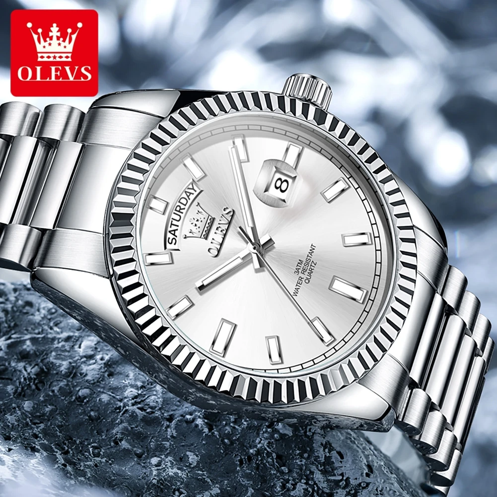 OLEVS ساعات رجالية جديدة تقويم من الفولاذ المقاوم للصدأ مقاوم للماء ساعة رجالية مضيئة أنيقة فاخرة ساعة كوارتز أصلية للرجال 5650