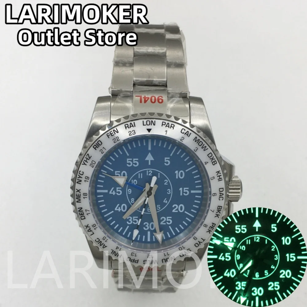 LARIMOKER new 40mm Watch Bule dial Luminous 24 Jewel NH34A (GMT） Mechanical Men's Watch Sapphire Glass Stainless Steel Strap