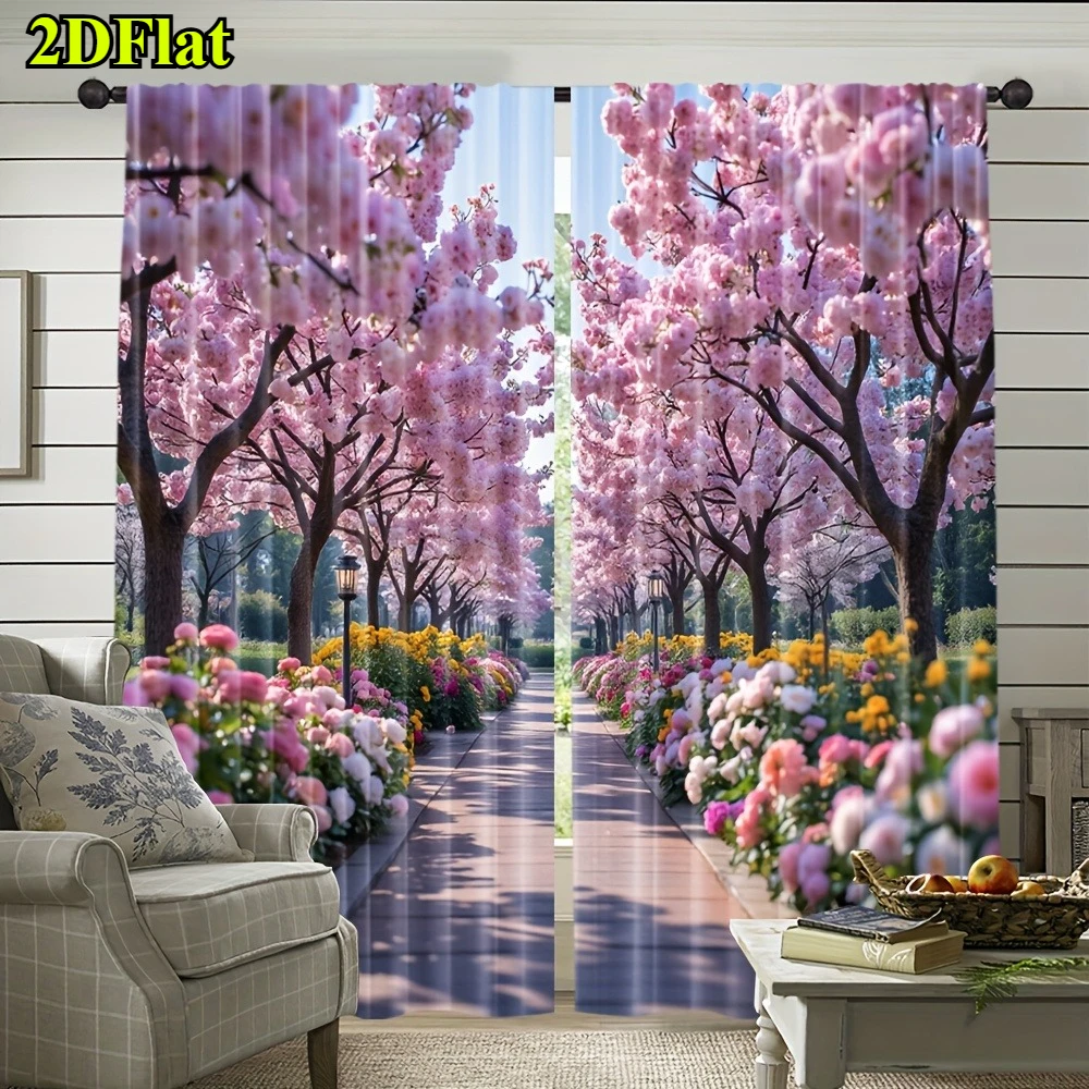 2 Panels Cherry Blossom Path Curtains, Romantic Spring Floral Print, Garden Scenery Drapes for Living Room Bedroom Decor