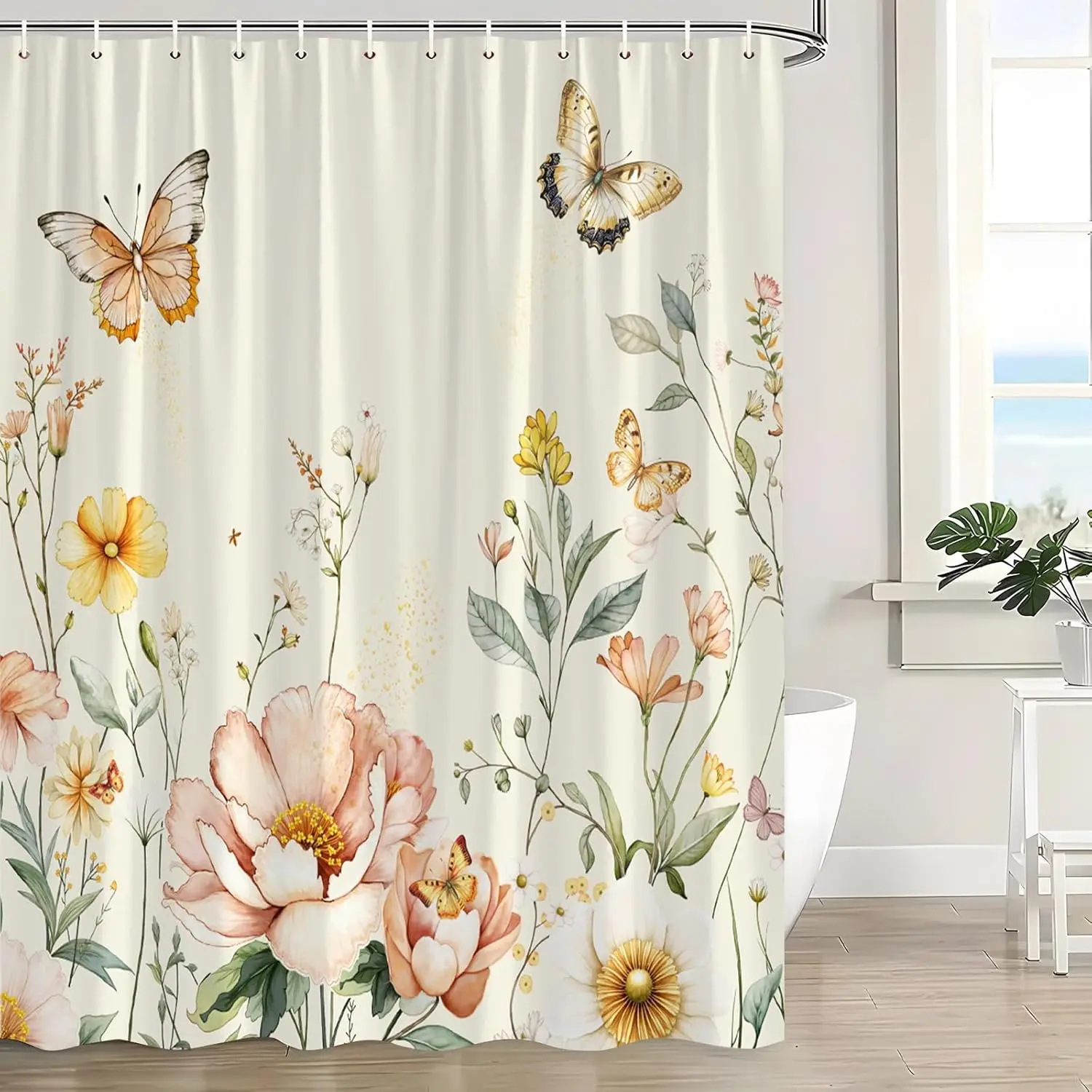 

Pink Beige Floral Shower Curtain Watercolor Wildflower Rustic Flower Butterfly Blossom Plant Botanical Aesthetic Bath Curtain