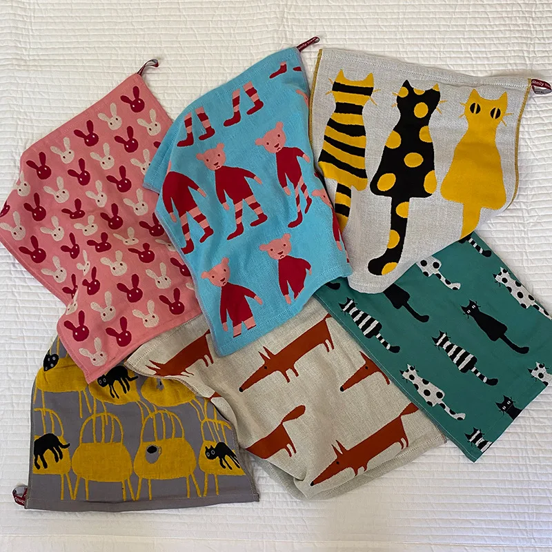 Kawaii Small Animal Three-layer Cotton Gauze Square Towel Cartoon Soft Absorbent Wash Face Towels with Hook Bib for Women Child