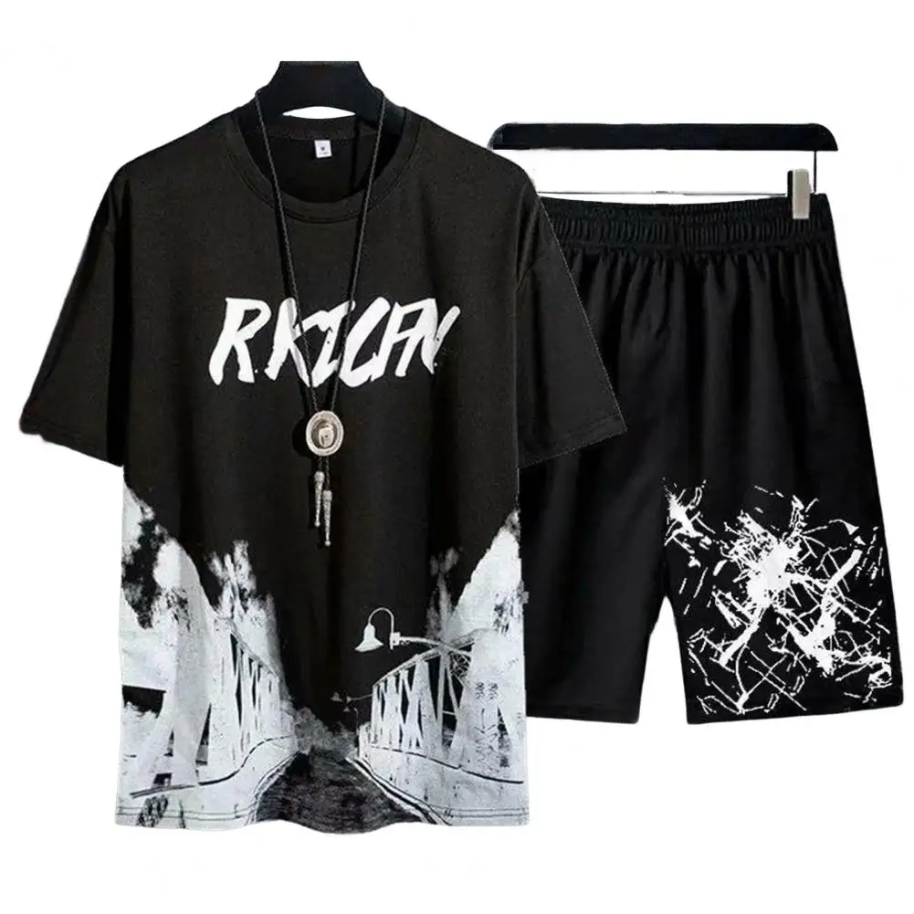 Simple Thin Scene Letter Print T-shirt Wide Leg Shorts Sport Suit Pockets Knee Length Summer Tracksuit Daily Garment