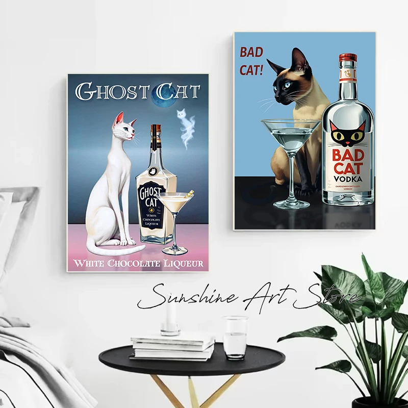 Animals Vodka Wine Martini Retro Cognac Cocktail Bar Cats Retro Mod Lounge Art Poster Canvas Painting Wall Pictures Home Decor