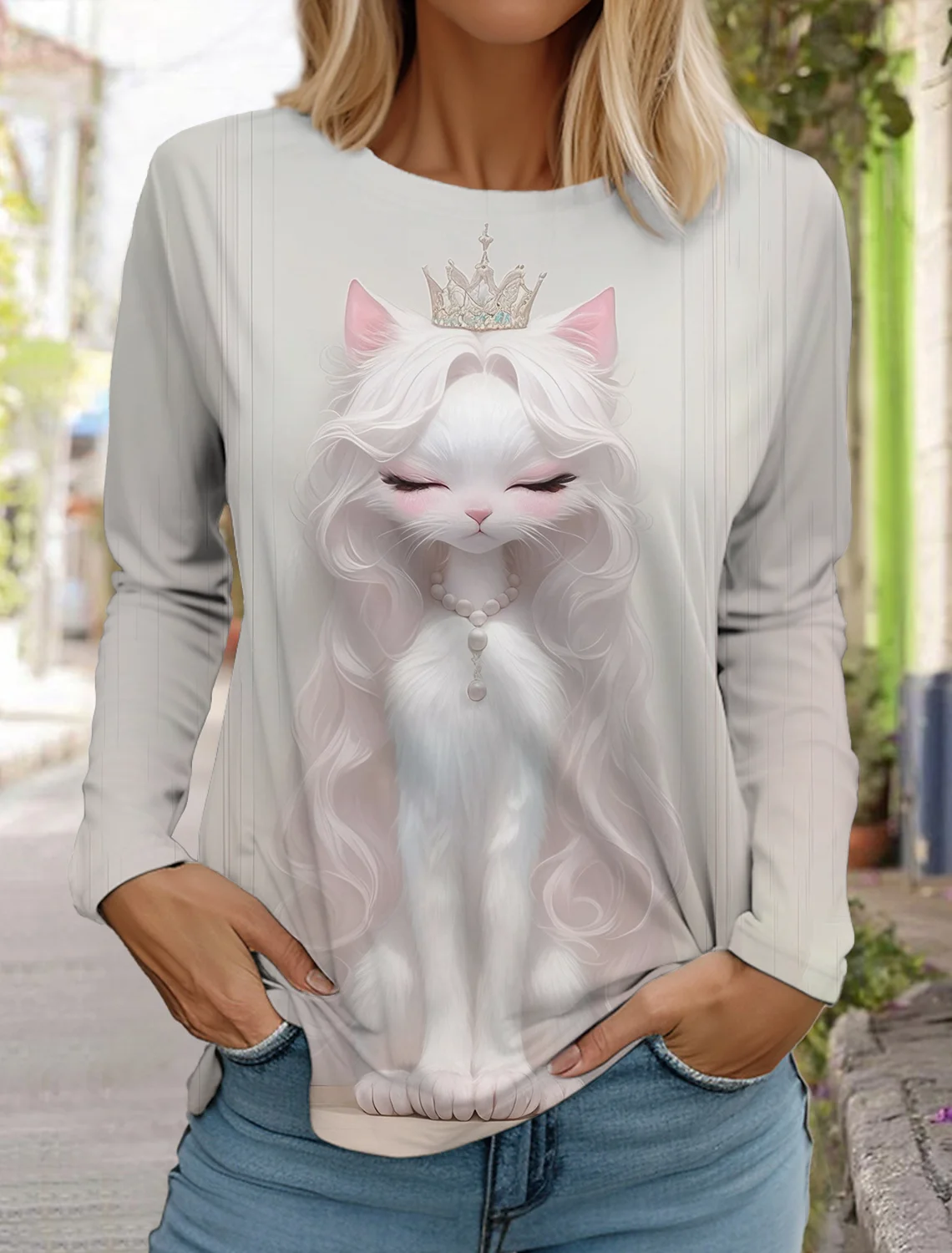2024 Autumn and Winter Women\'s Long Sleeve 3D Printed Kitten Cute Print T-Shirt Women\'s Streetwear Round Neck Long Sleeve