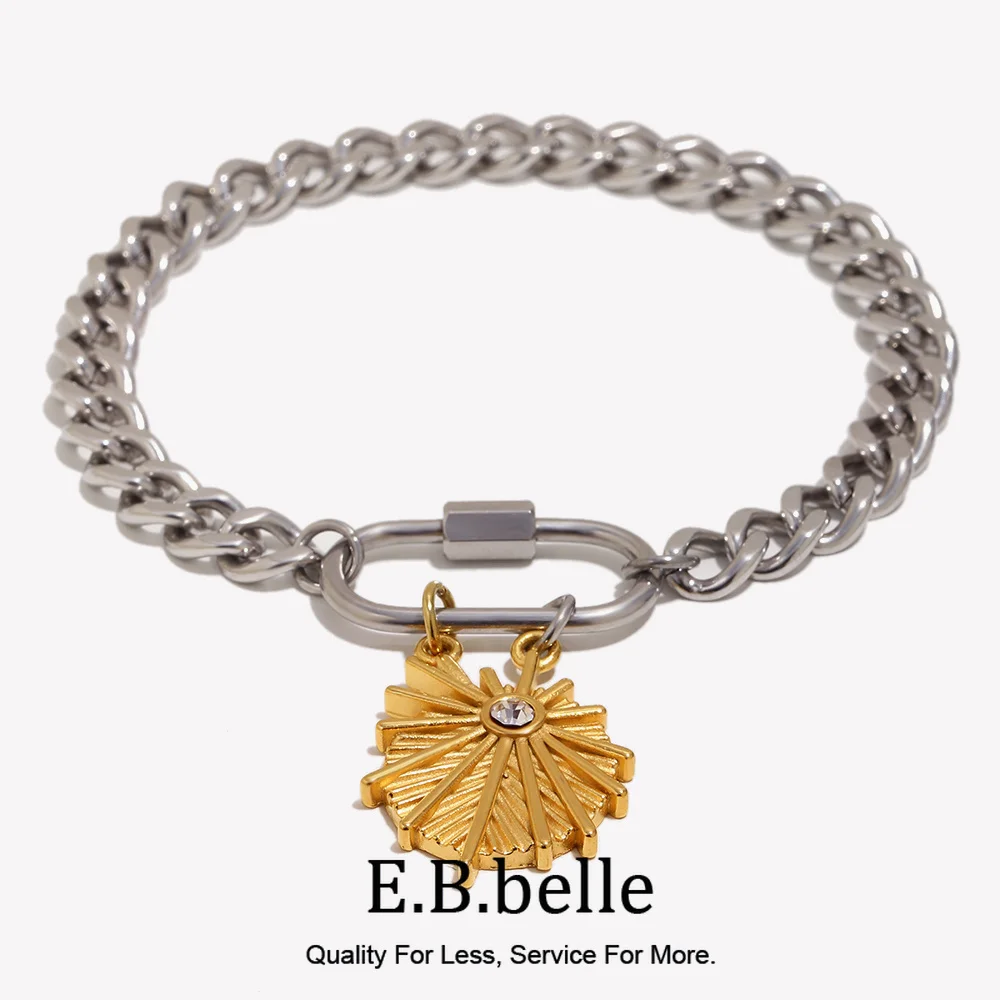 E.B.belle Sonnenanhänger Kubanische Gliederkette Edelstahl-Armband Hypoallergenes Unisex-Armband Streetwear-Schmuck Accessoires Geschenk