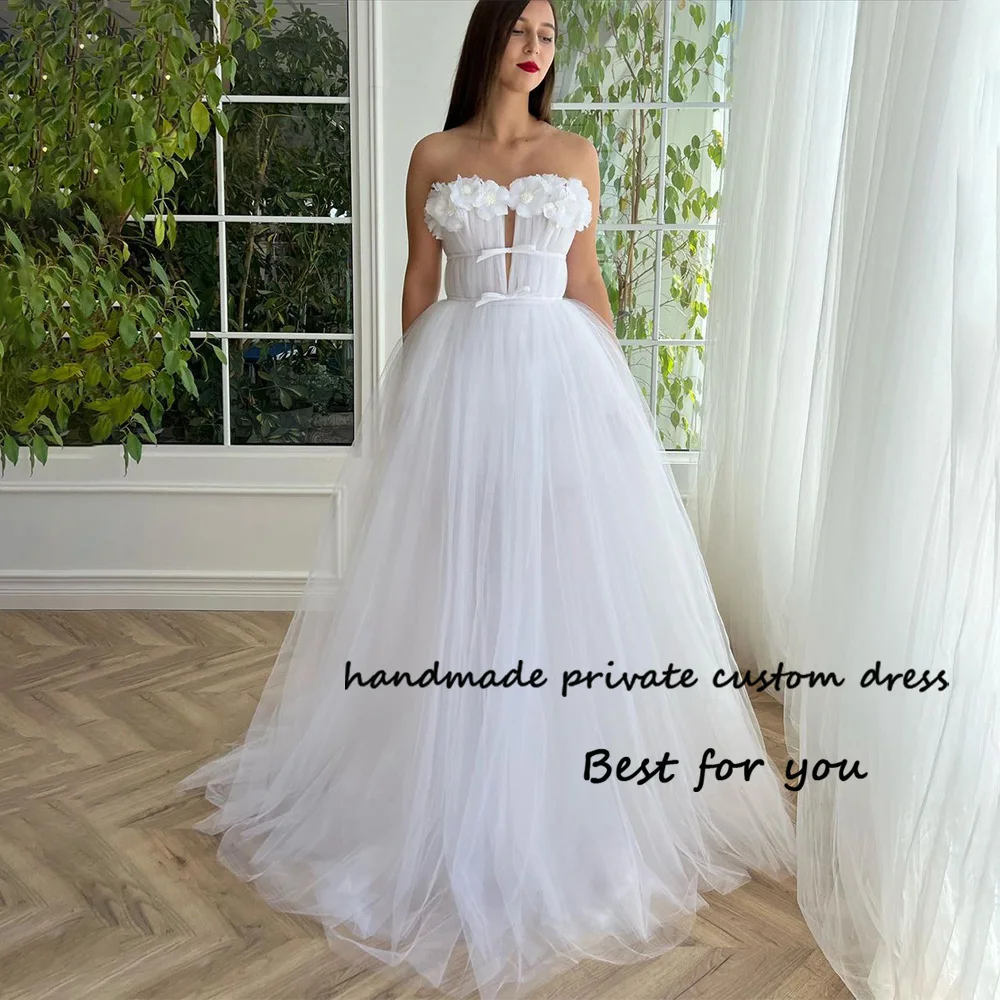 

White Tulle A Line Princess Prom Dresses 3D Flower Strapless Fairy Evening Party Dress with Pockets Long Formal Evening Gowns