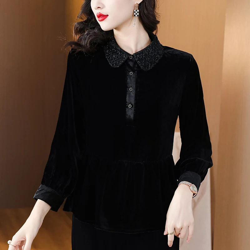 2024 Blue Velvet Long Sleeve O-Neck Top Coats Autumn Winter Black Thick Warm Casual Blouses Women Korean Vintage Luxury Top Coat