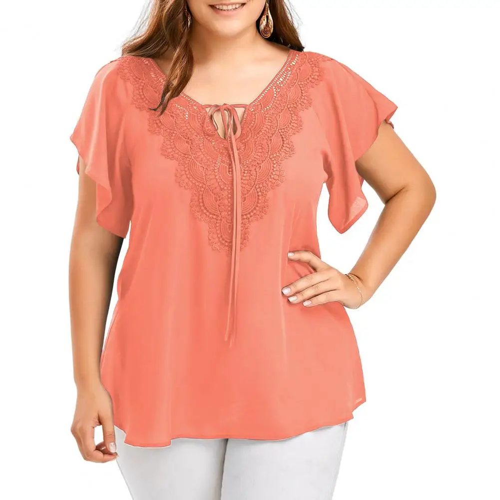 Plus Size XL - 5XL Women Blouse V Neck Pure Color Flare Sleeves Large Hem Casual Top Lady Clothes