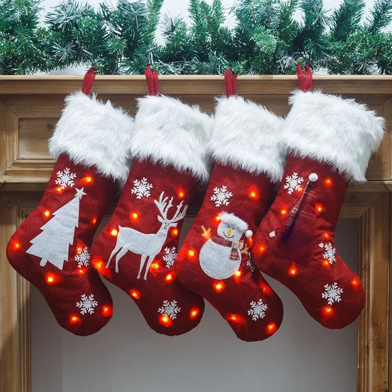 1pcs New Christmas Decorations with Lights Red Hemp Embroidered Christmas Socks, Gift Bags, Luminous Christmas Socks Lights