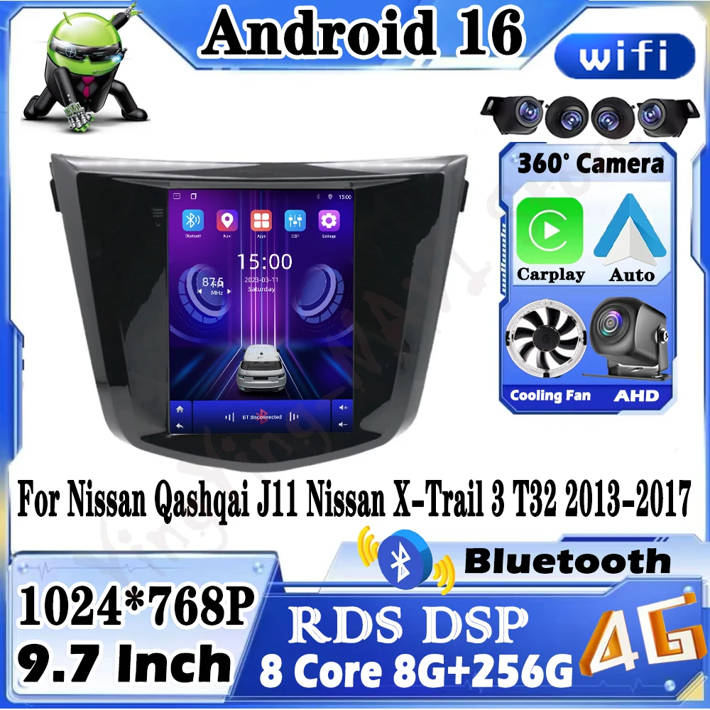 راديو السيارة اللاسلكي Carplay أندرويد 16 لنيسان قاشقاي J11Nissan X-Trail 3 T32 2013-2017 مشغل وسائط متعددة لتحديد المواقع والملاحة 4G