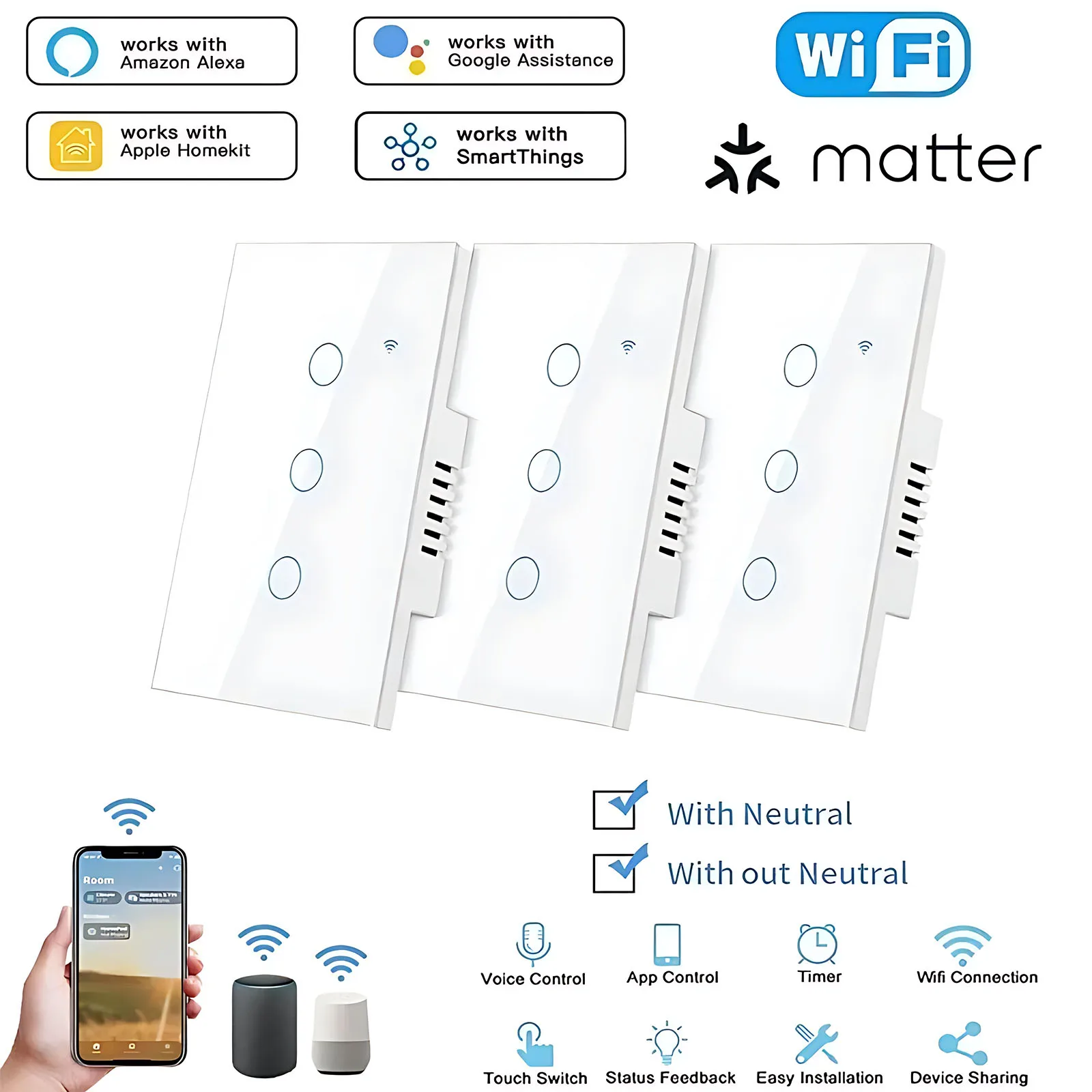 Matter WiFi Smart Switch Neutral Wire/No Neutral Wire 1/2/3 Gang Touch Wall Light Switch Work with Homekit Alexa Google Home