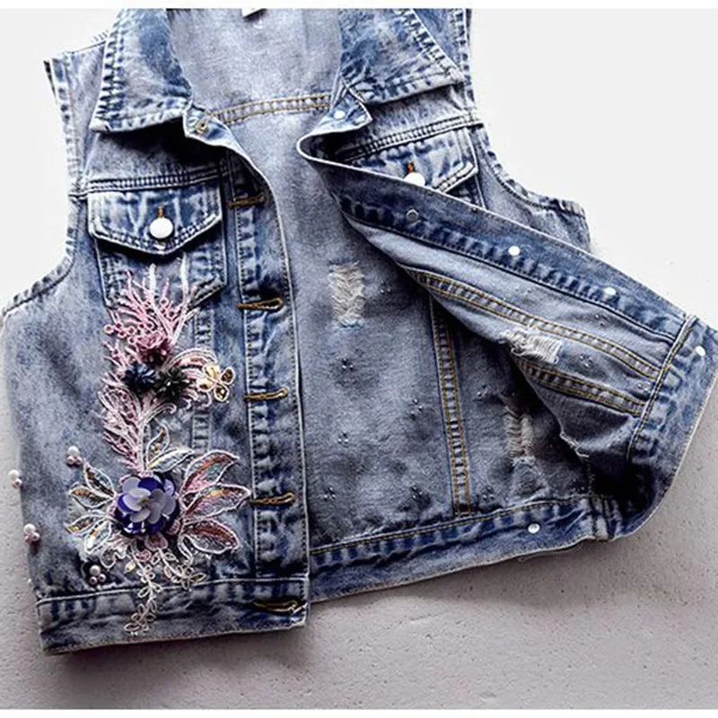 Women Denim Vest Jacket New Autumn Embroidery Beads Sleeveless Vintage Hole Jeans Vest Jacket Overcoat Female Tops Waistcoat