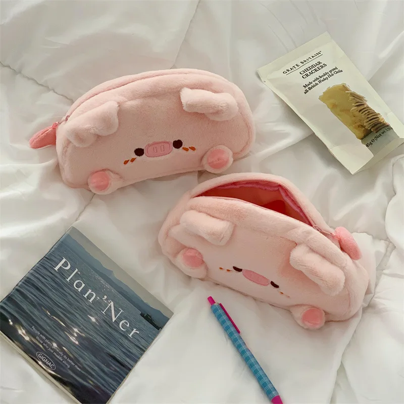 Plush Pink Piggy Pencil Case Creative Student Pen Bag Makeup Pouch Soft Storage Bag Large Capacity Stationery Organizer